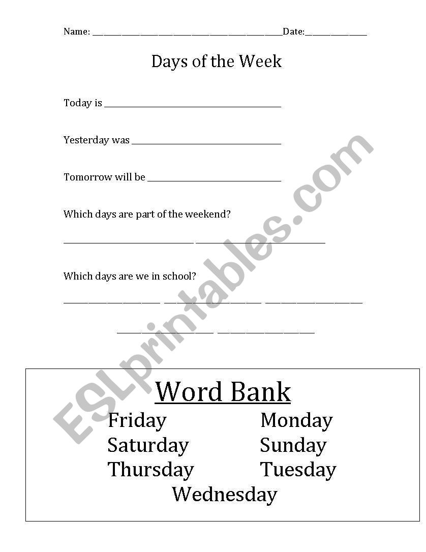 Days of the Week worksheet