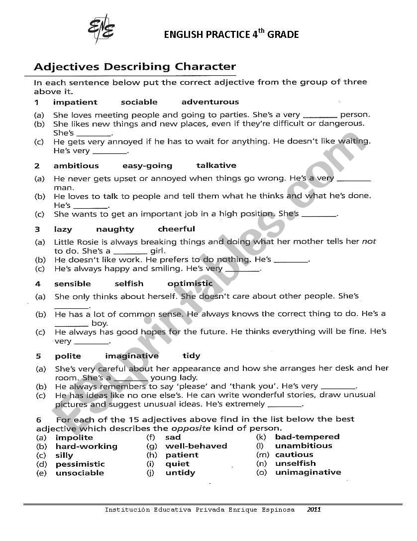 describing personalities worksheet