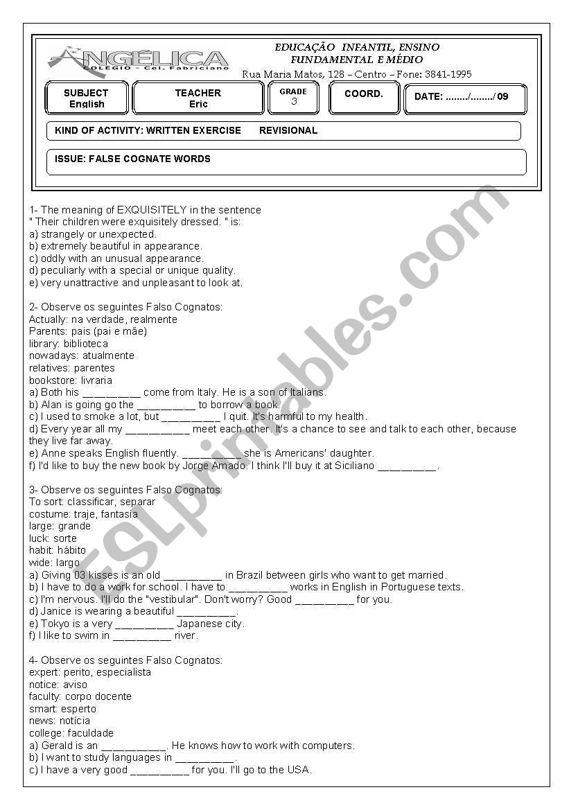 FALSE COGNATE WORDS REVIEW EXERCISES