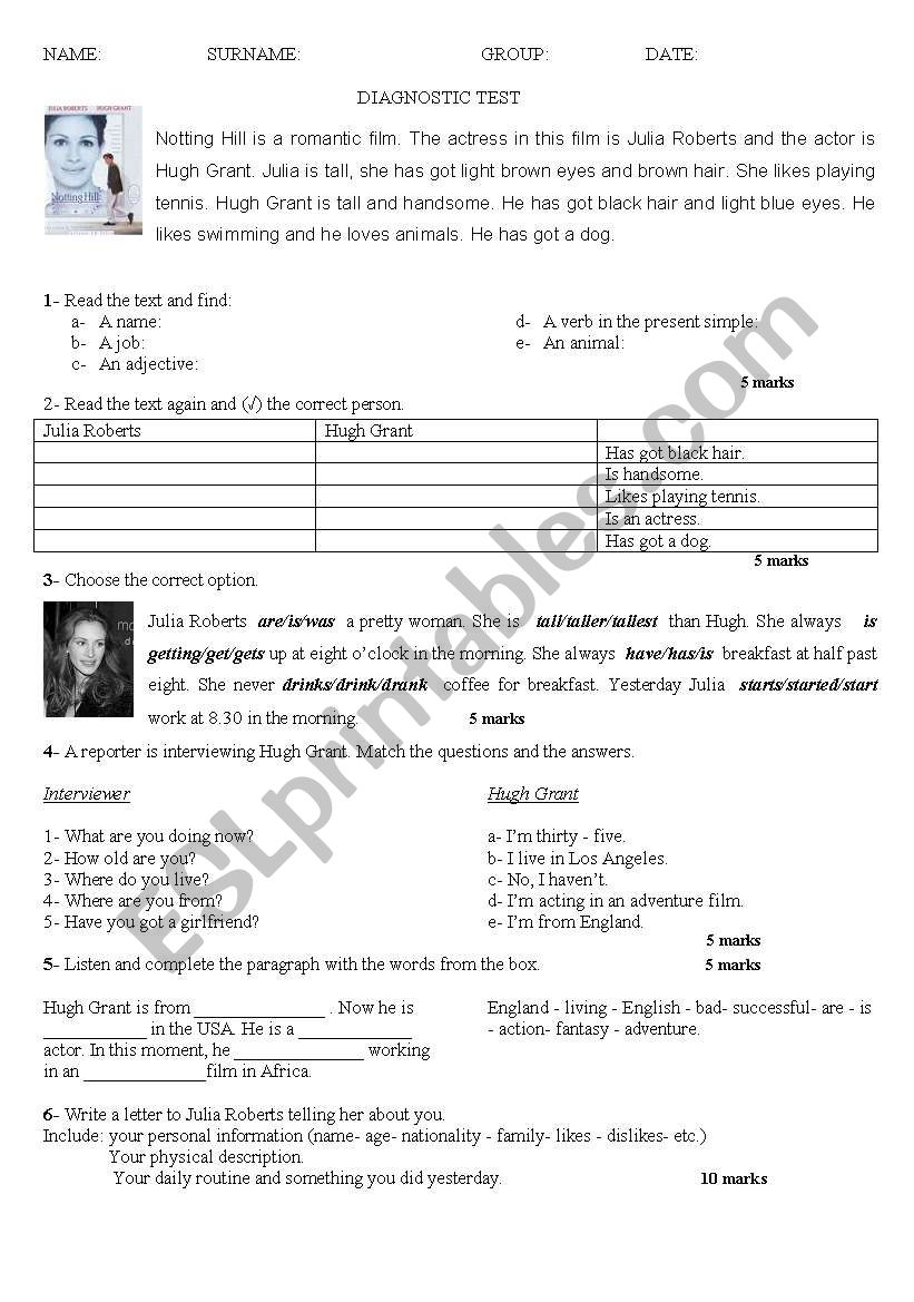 Diagnostic test worksheet