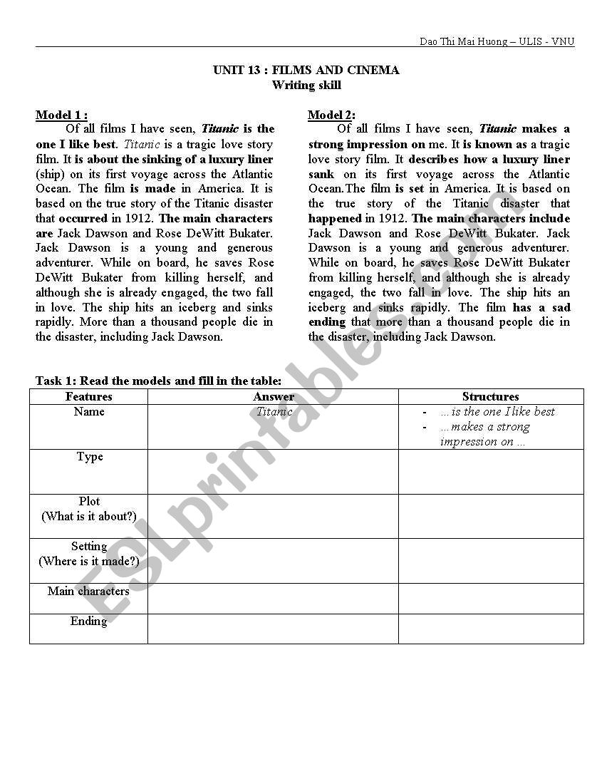 description of a film worksheet