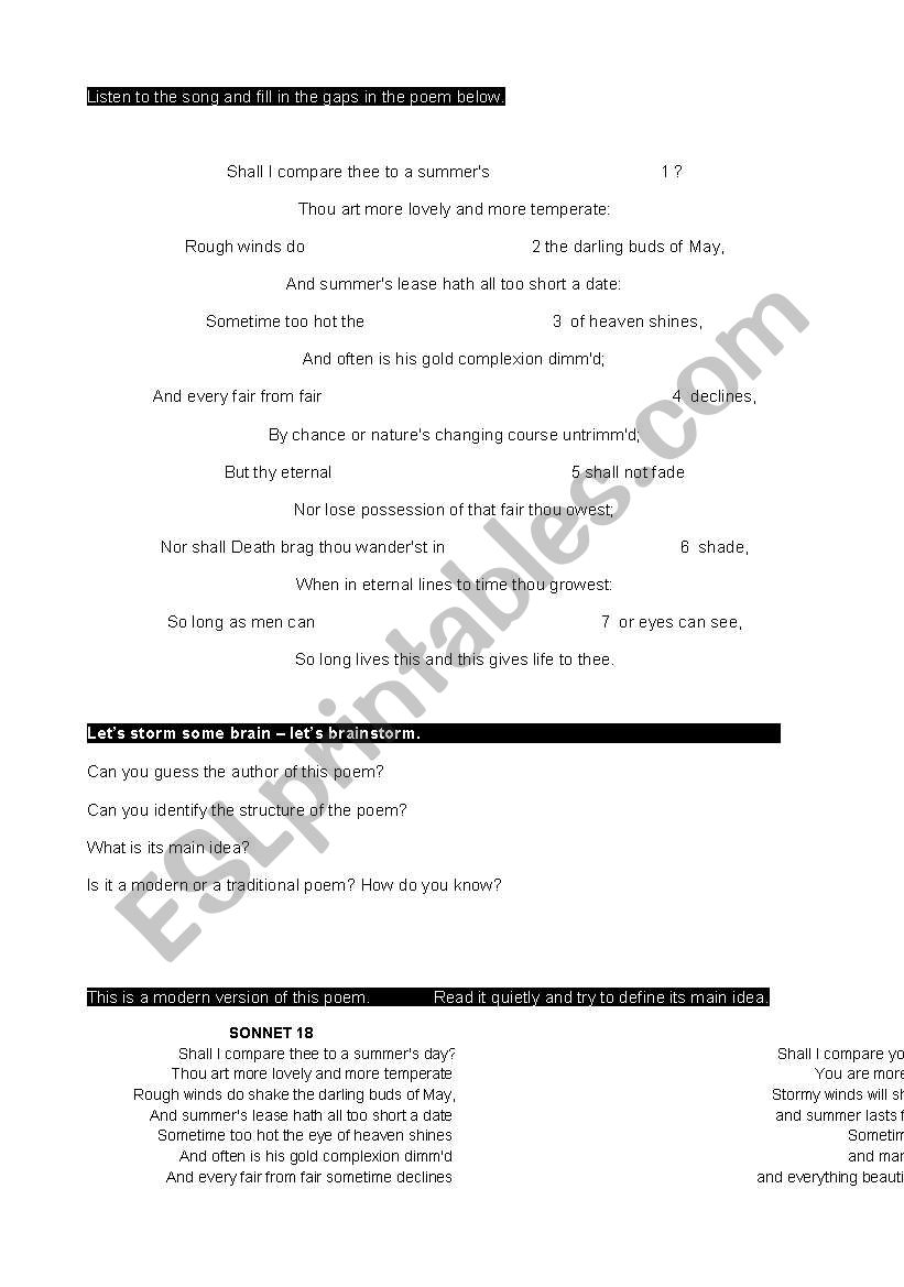 sonnet18 worksheet