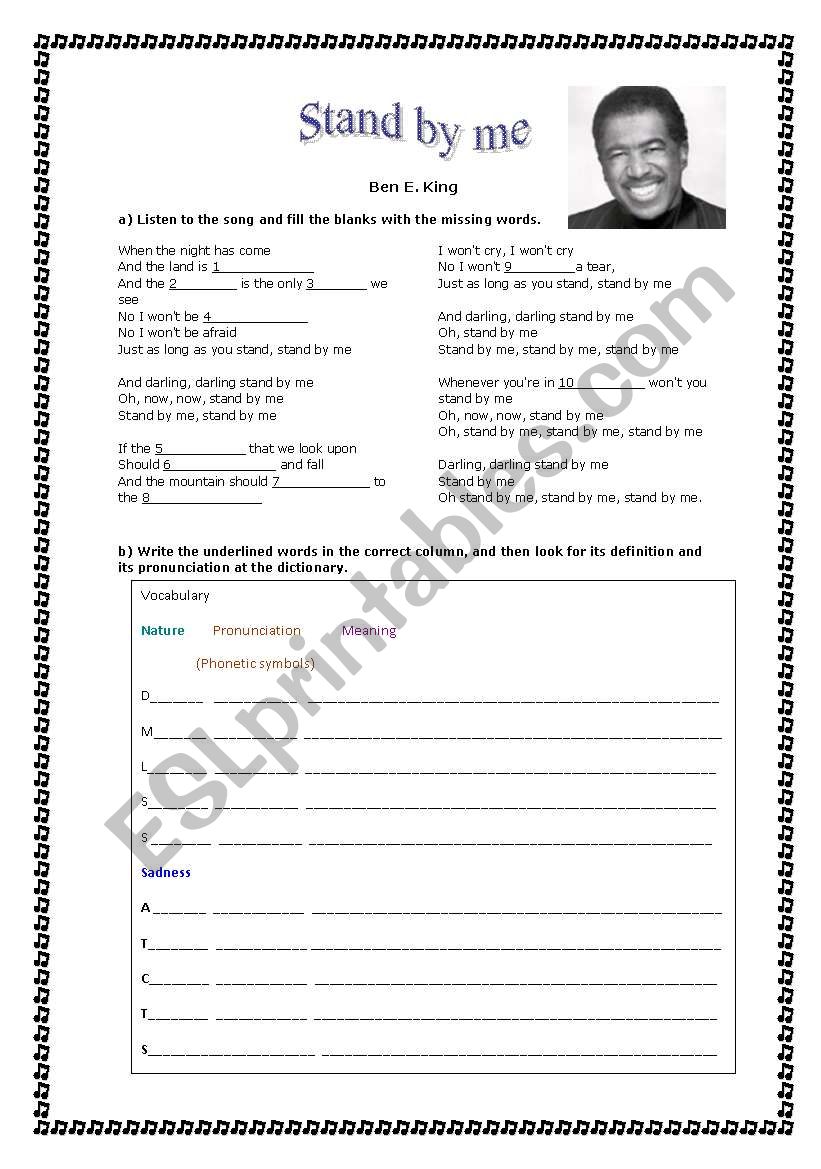 Stand by me worksheet