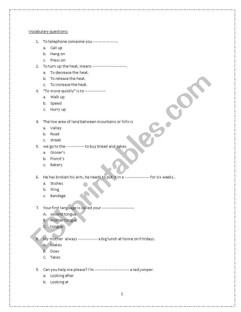 vocabulary test worksheet