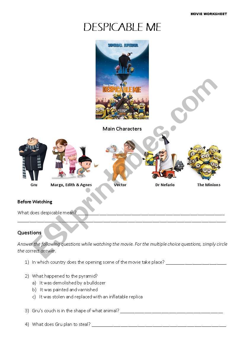 Despicable Me - Movie Worksheet