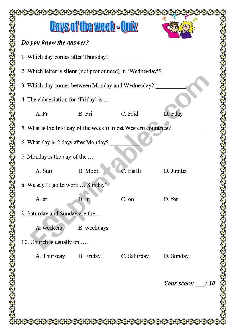 Days of the week - quiz worksheet