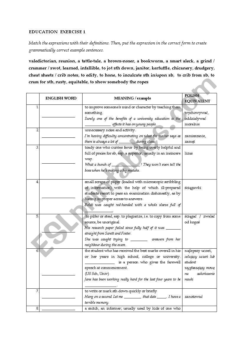 EDUCATION (advanced vocabulary in-class exercises)