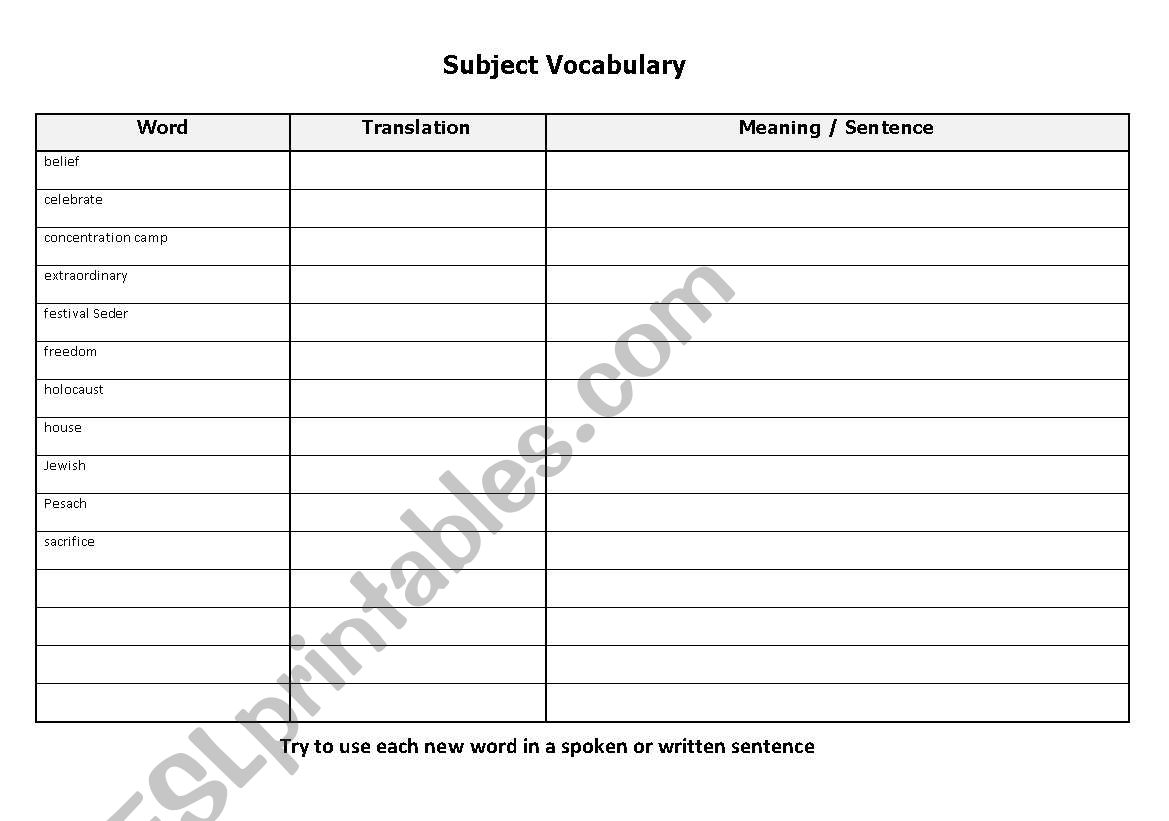 Pilgrimage EAL Key words worksheet