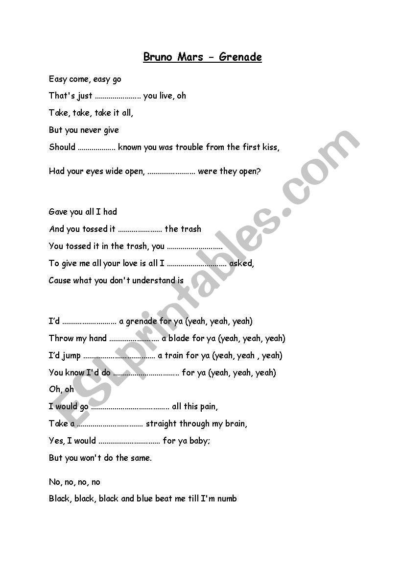 English Worksheets Bruno Mars Grenade Song With Gaps
