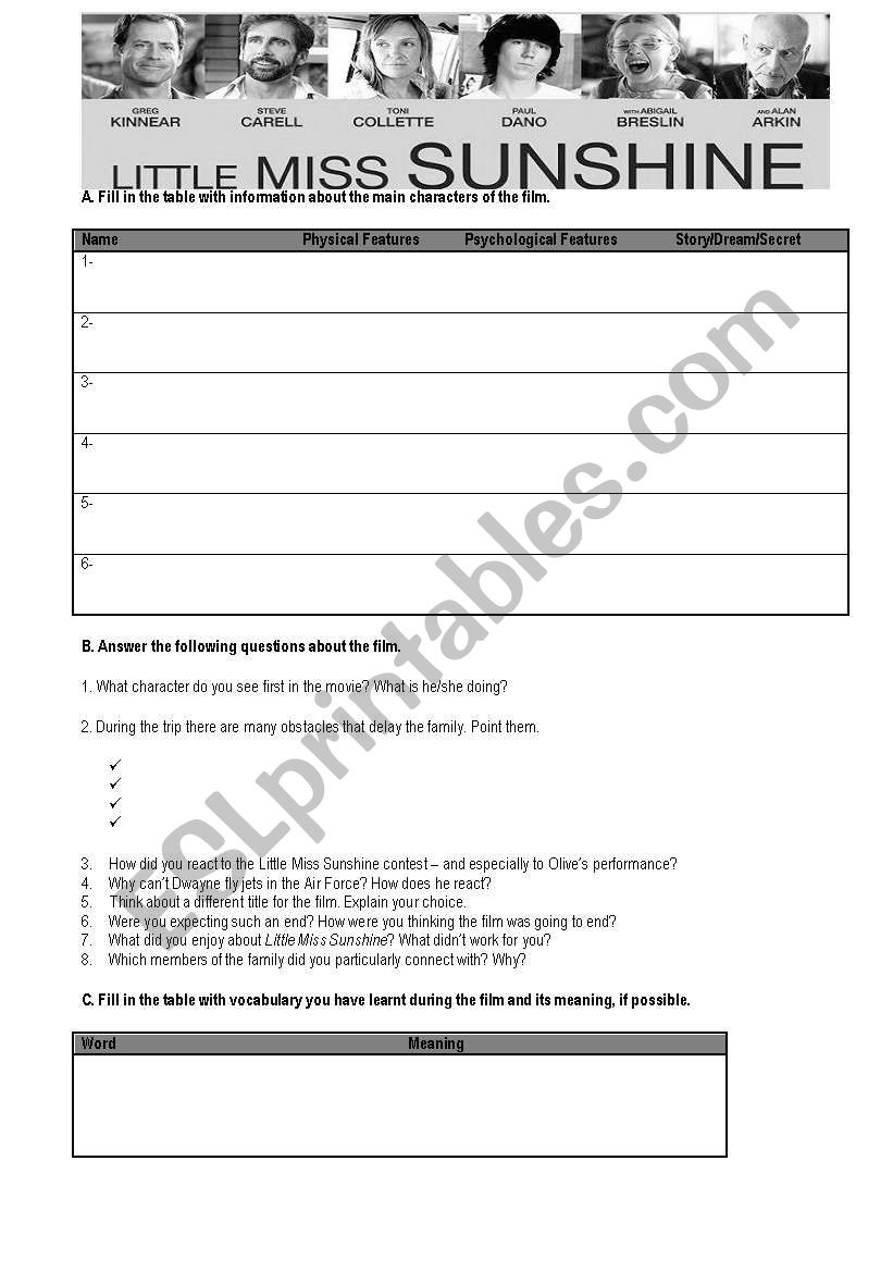 Video Worksheet Little Miss Sunshine