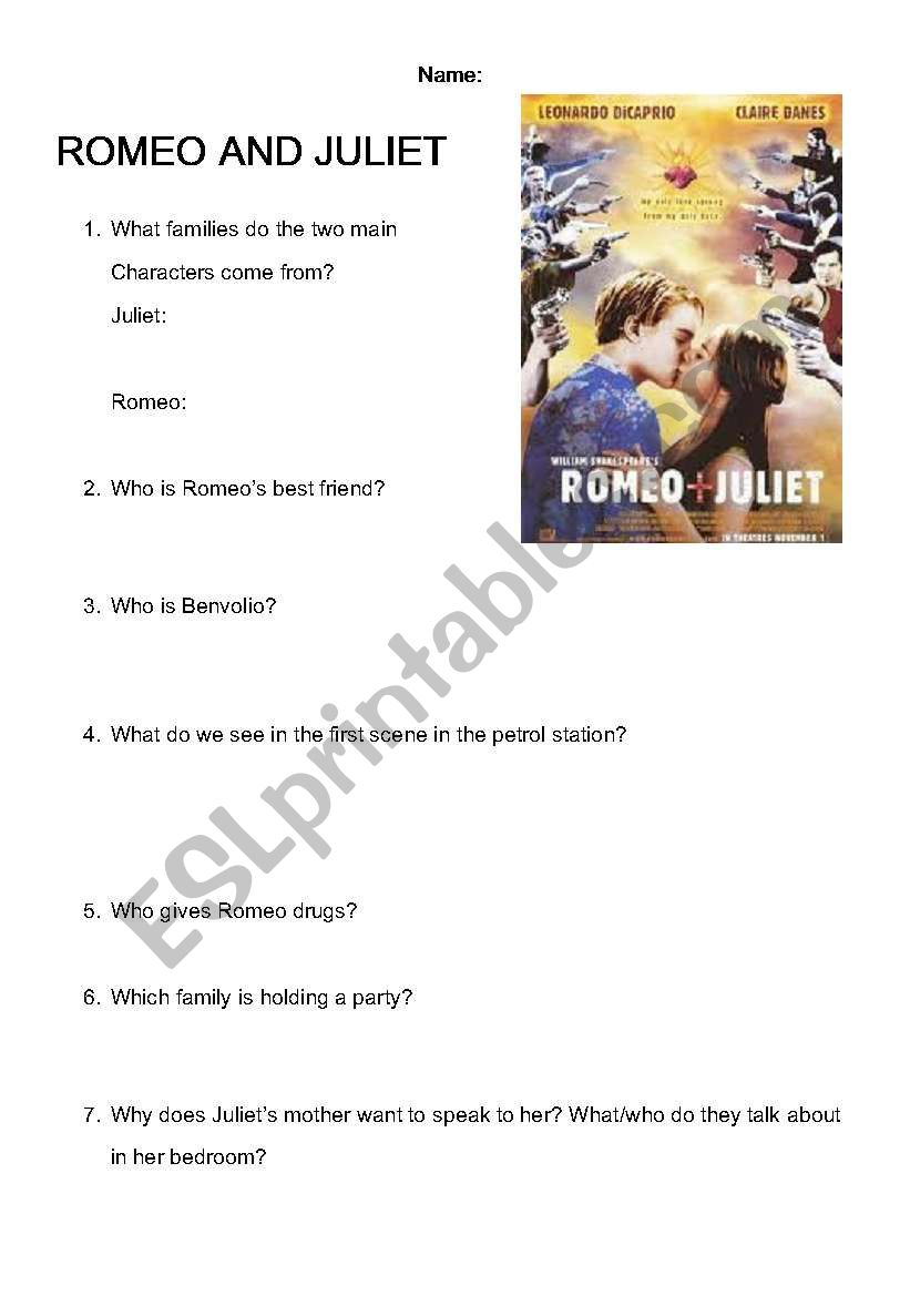 Romeo and Juliet comprehension worksheet