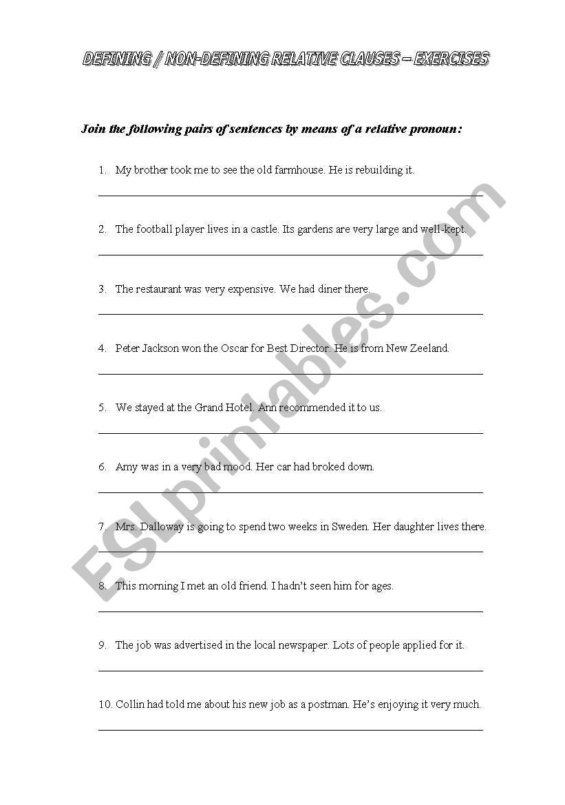 Realtive clauses - exercises worksheet