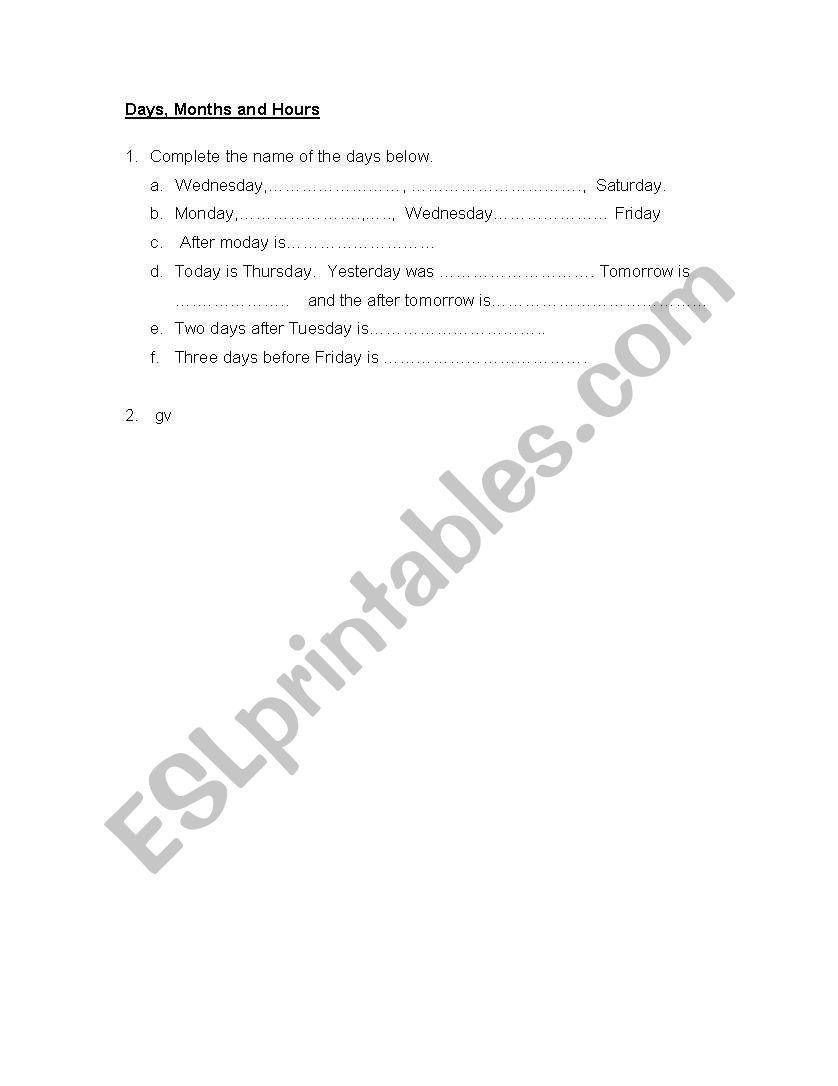 Days of The week worksheet