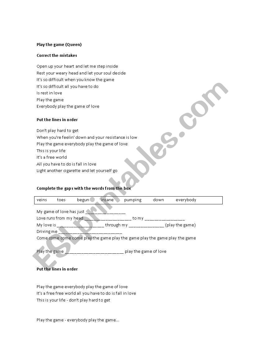 Song: Play the Game (Queen) worksheet