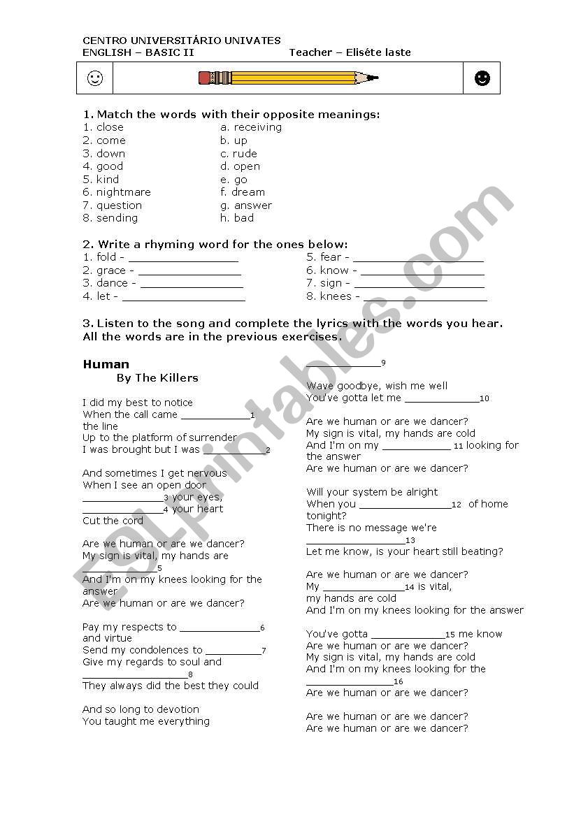 Song - Human by the Killers worksheet