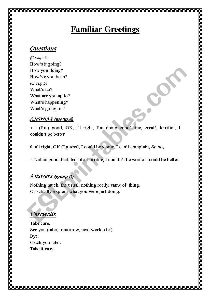 List of Casual Greetings worksheet