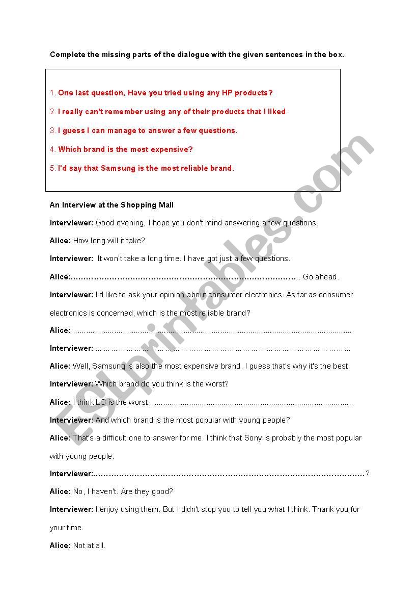 dialogue completion worksheet