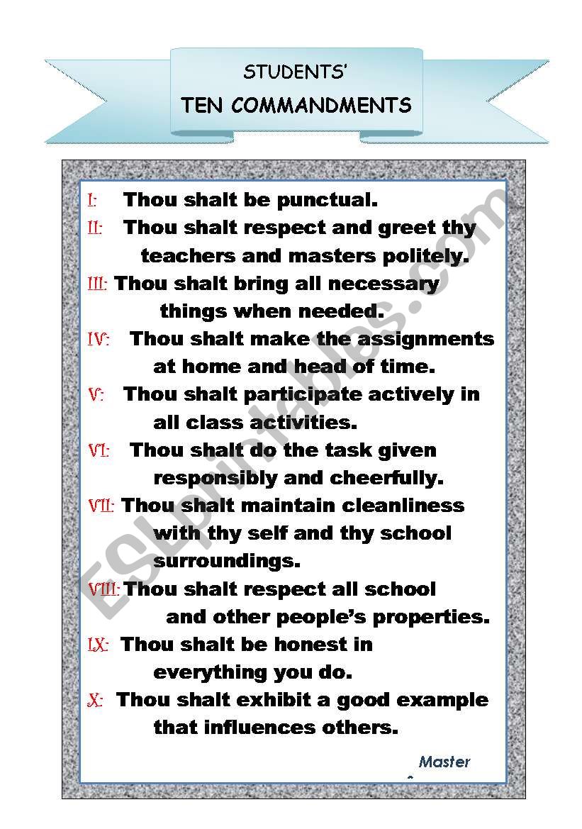 students ten commandments worksheet