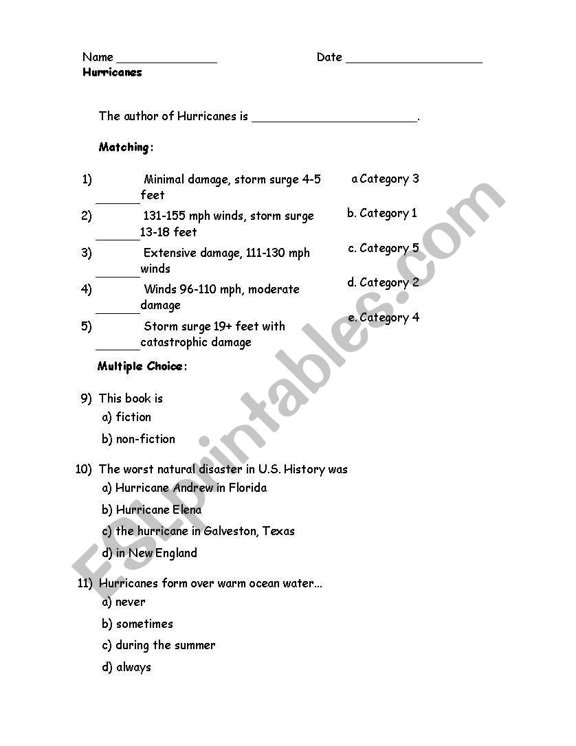 Guided Reading: Hurricanes worksheet