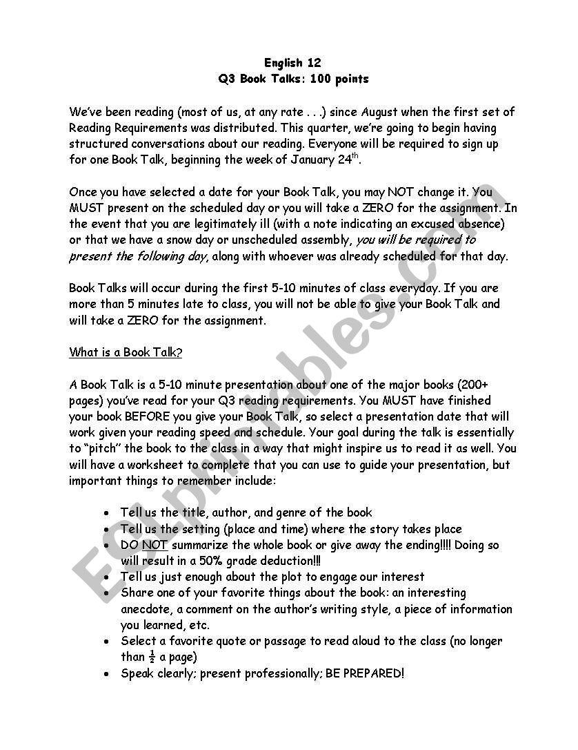 Book Talk Assignment worksheet