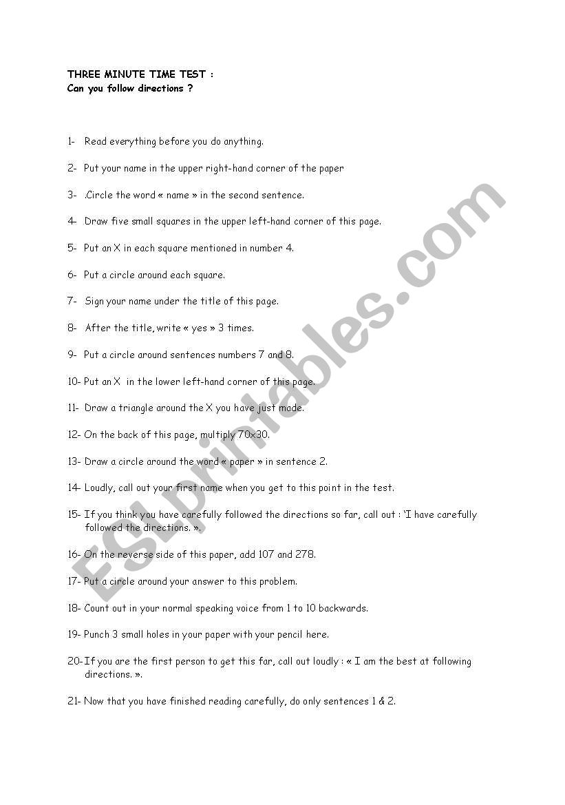 English Worksheets Can You Follow Directions 