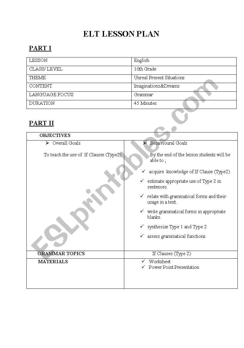 IF CLAUSE TYPE II LESSON PLAN worksheet