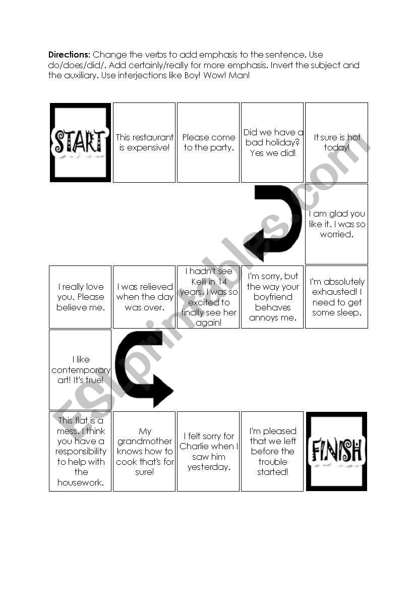 Emphasis board game worksheet