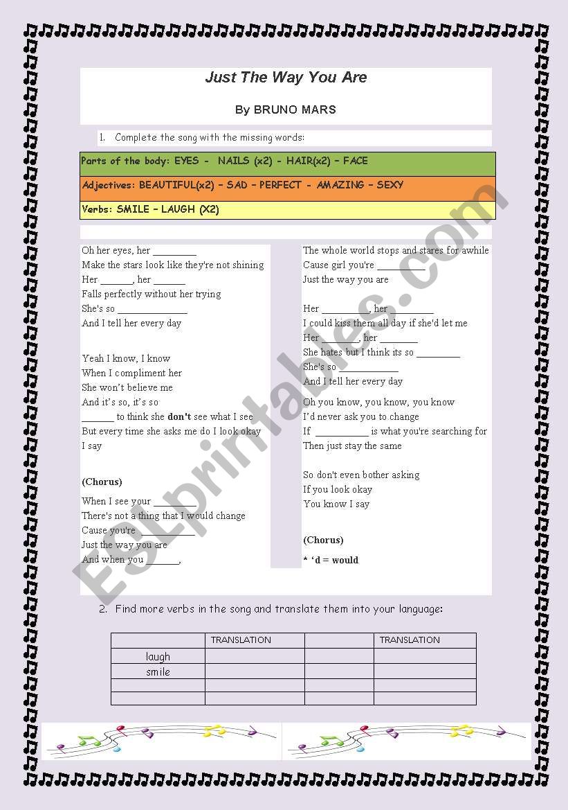 Song: Just the Way You Are worksheet