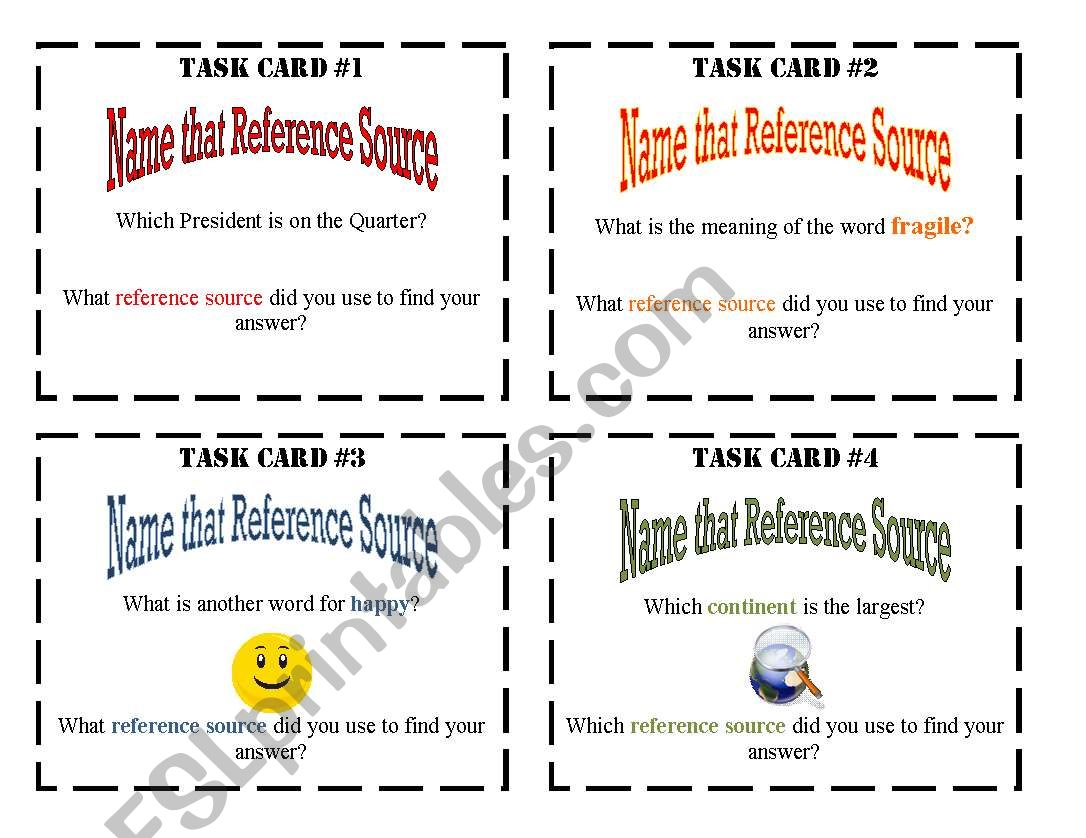 Reference Task Cards 1-8 worksheet