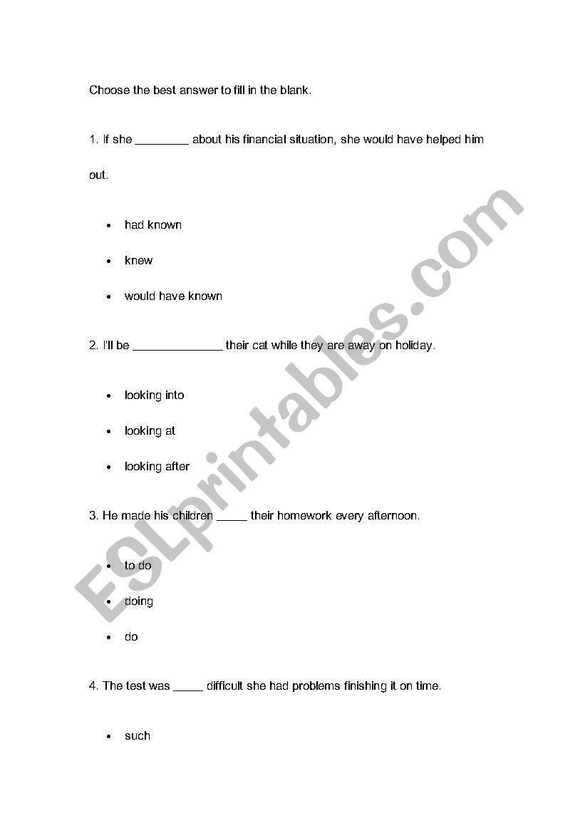 Grammar Test Paper worksheet