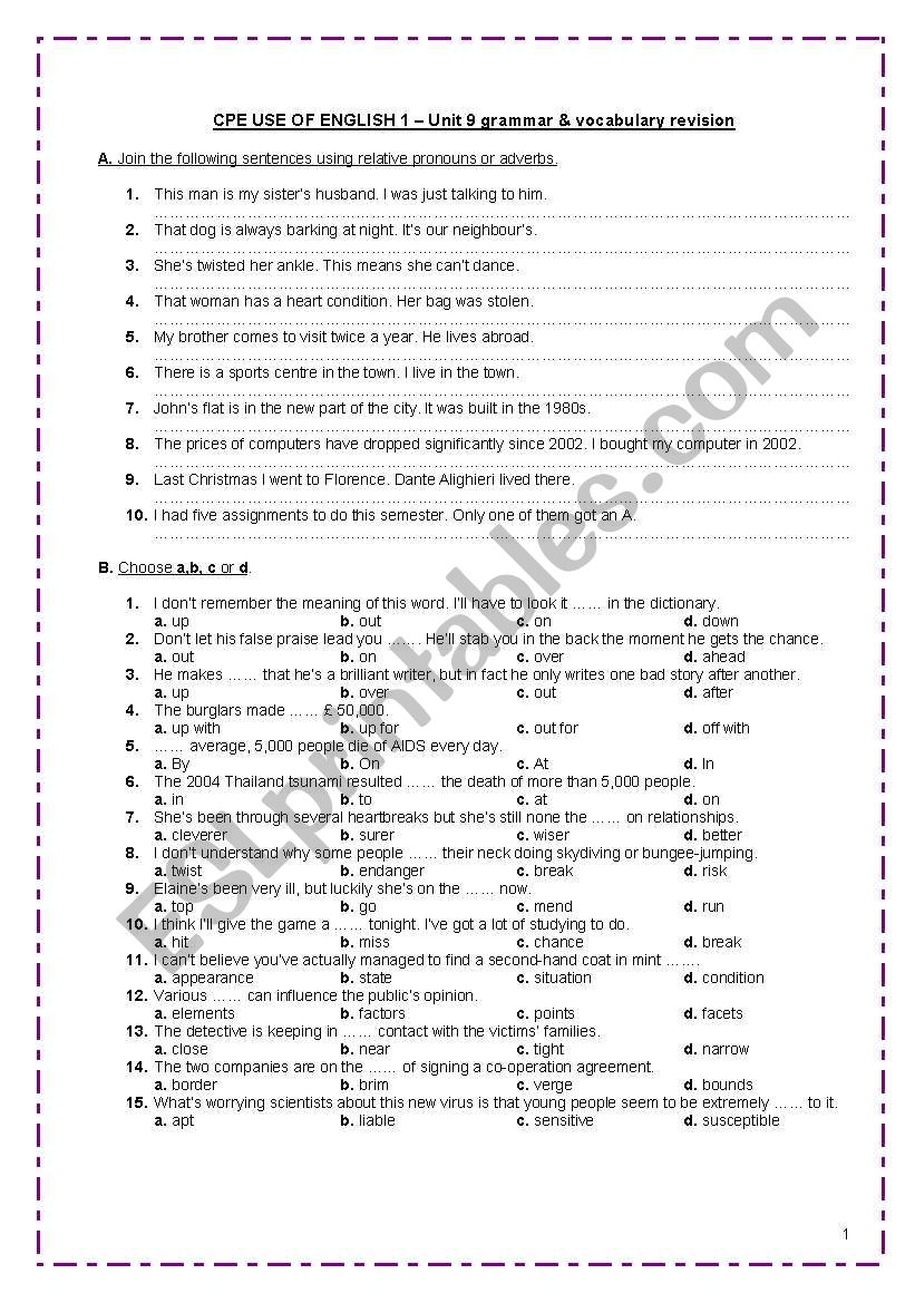 CPE USE OF ENGLISH 1 - Unit 9 grammar (RELATIVE CLAUSES)& vocabulary revision (idioms, phrasal verbs, collocations, derivatives, words with multiple meanings, words often confused)+ TEACHER´S KEY * FULLY EDITABLE*
