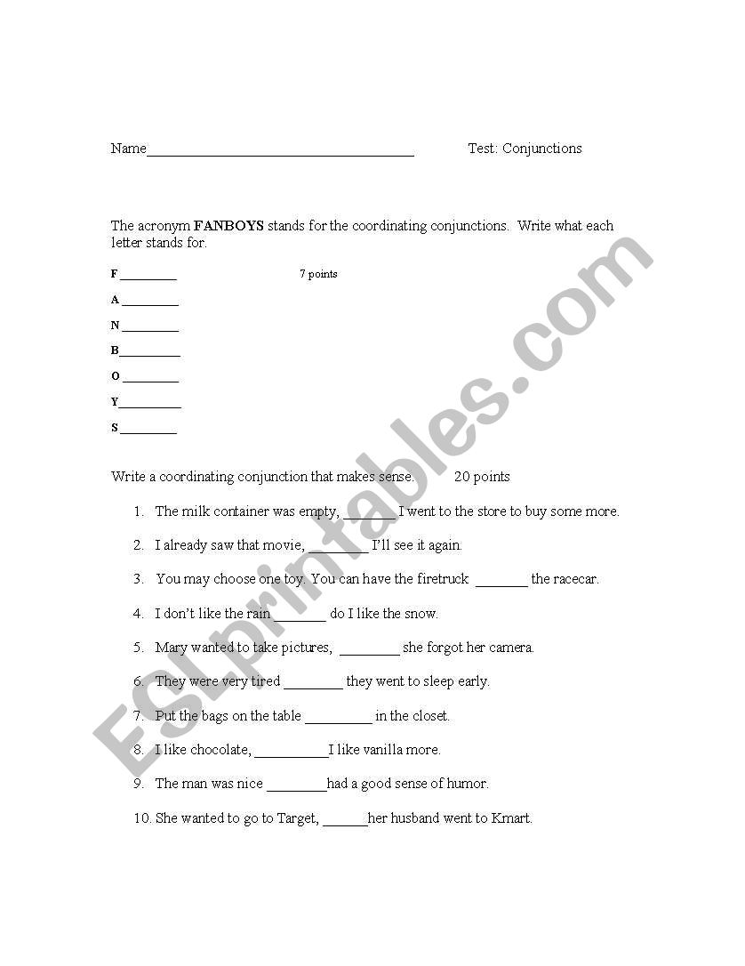 Test on Conjunctions worksheet