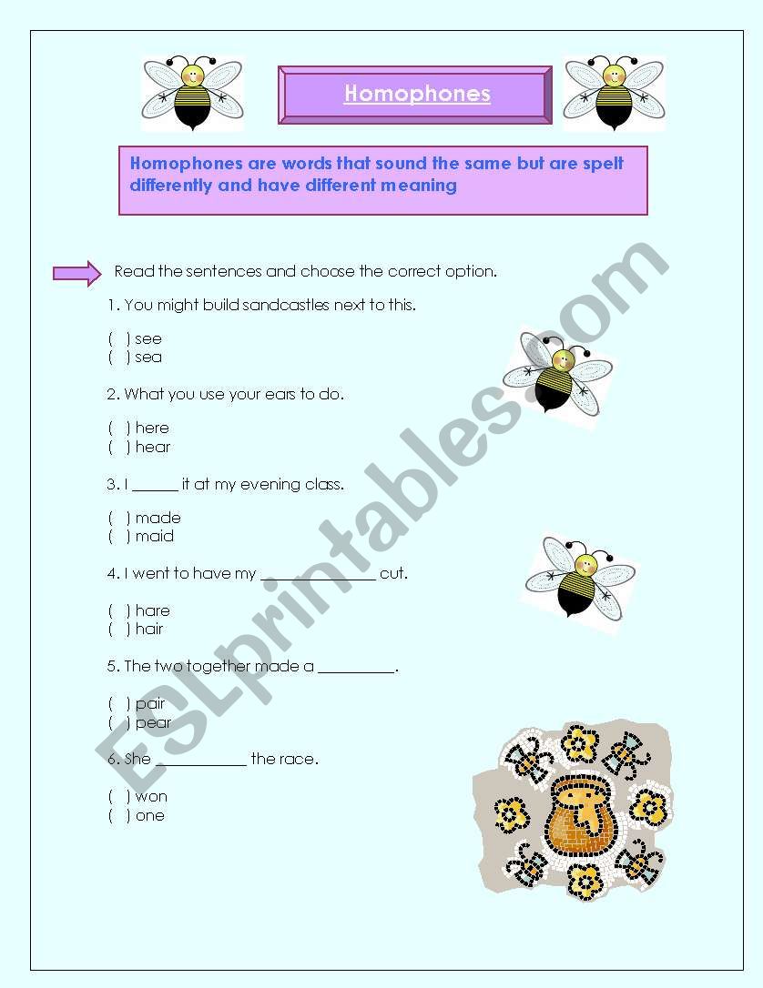 Homophes worksheet