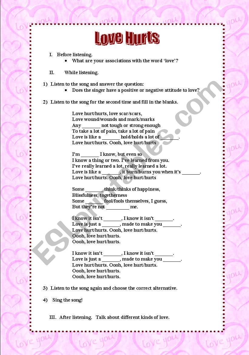 Love hurts (Nazareth) worksheet