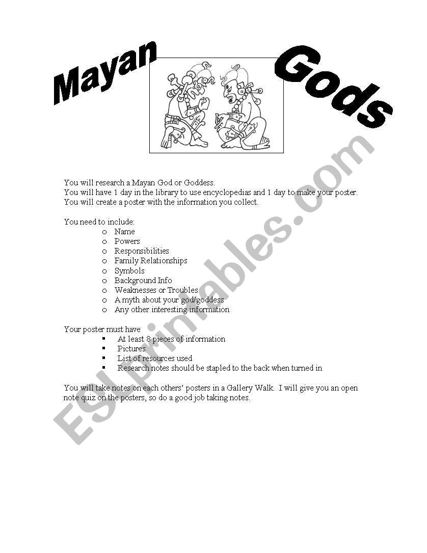 Mayan Gods Project worksheet