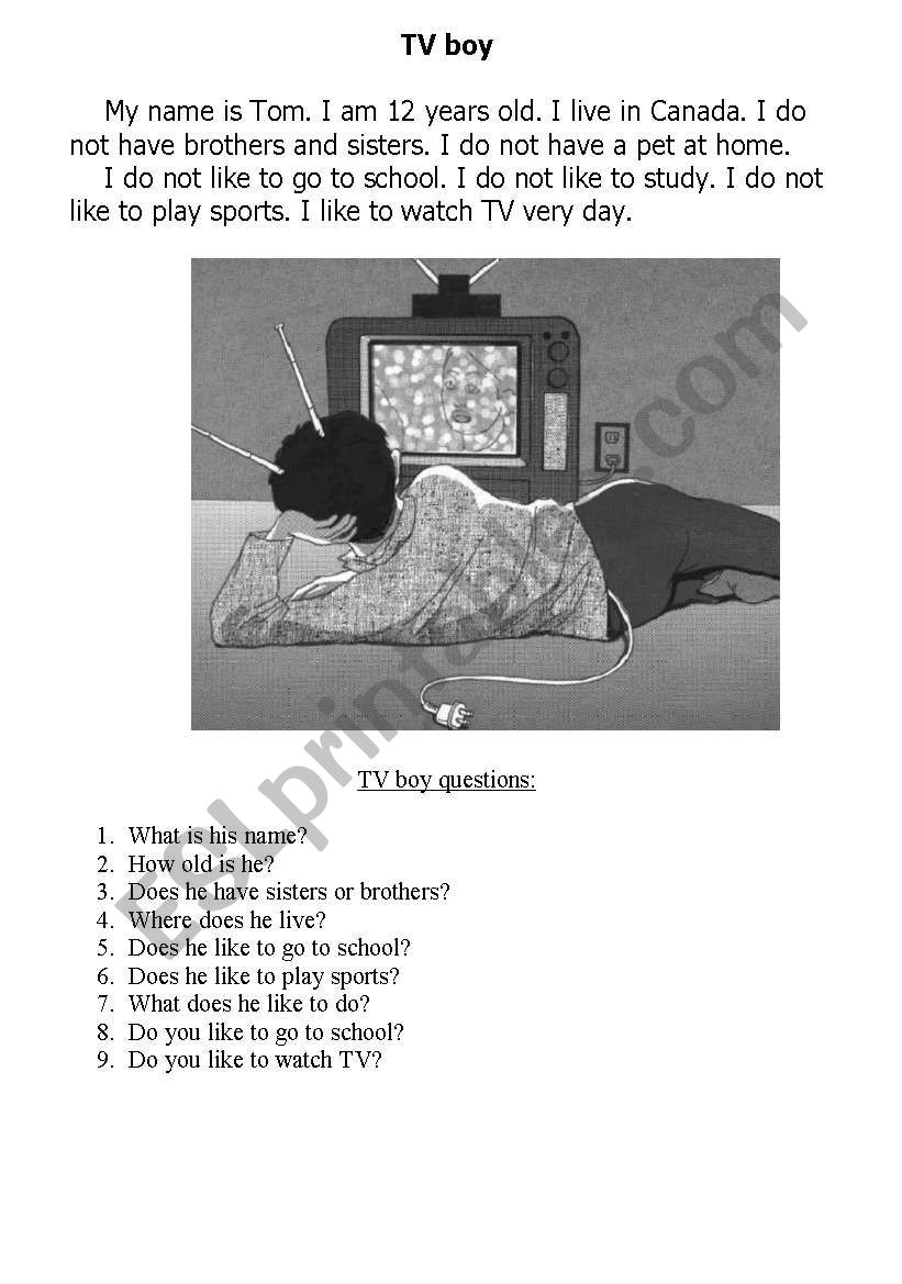 TV boy worksheet