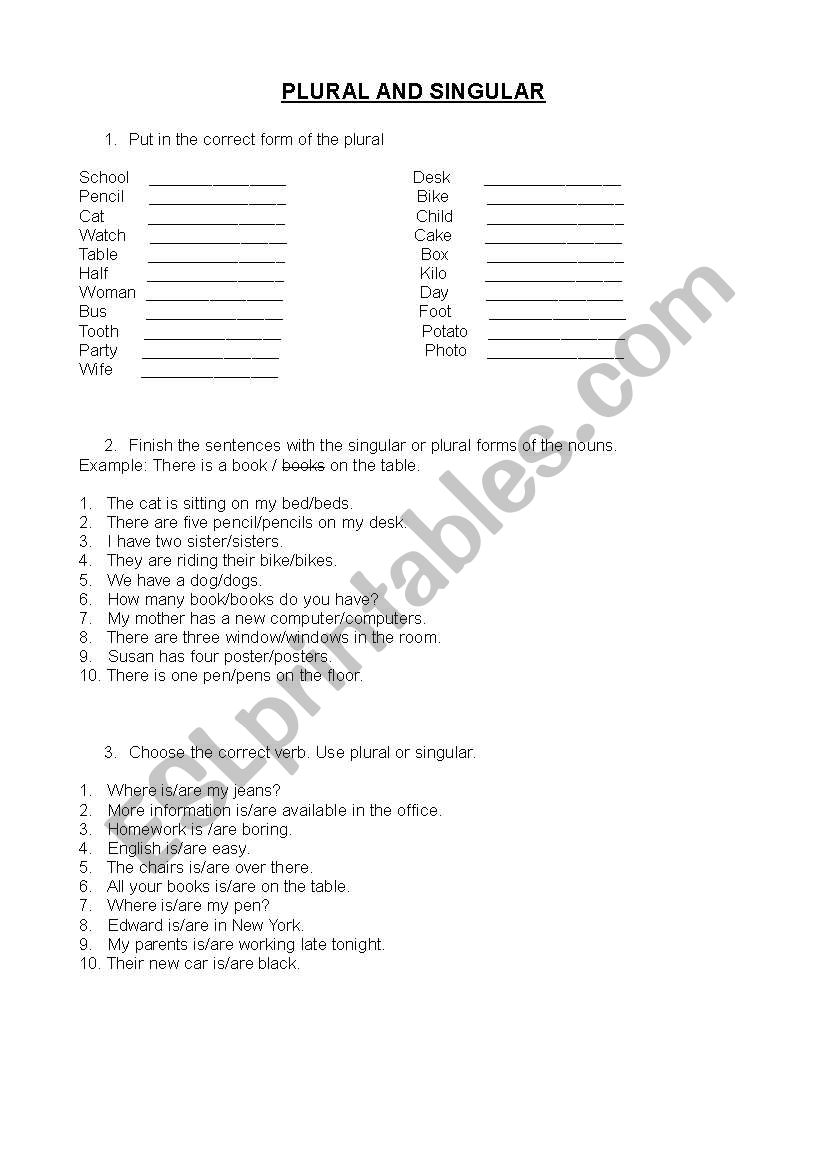 Plural and Singular exercises worksheet