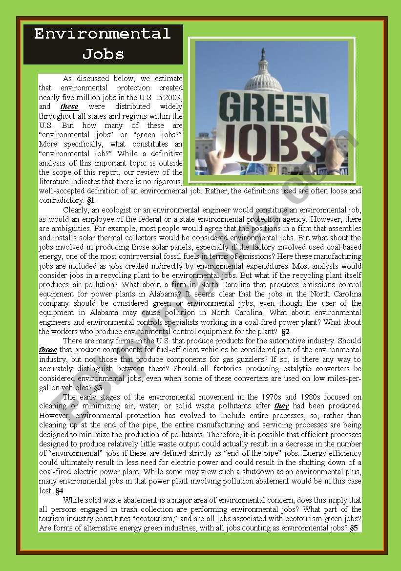 Environmental Jobs worksheet