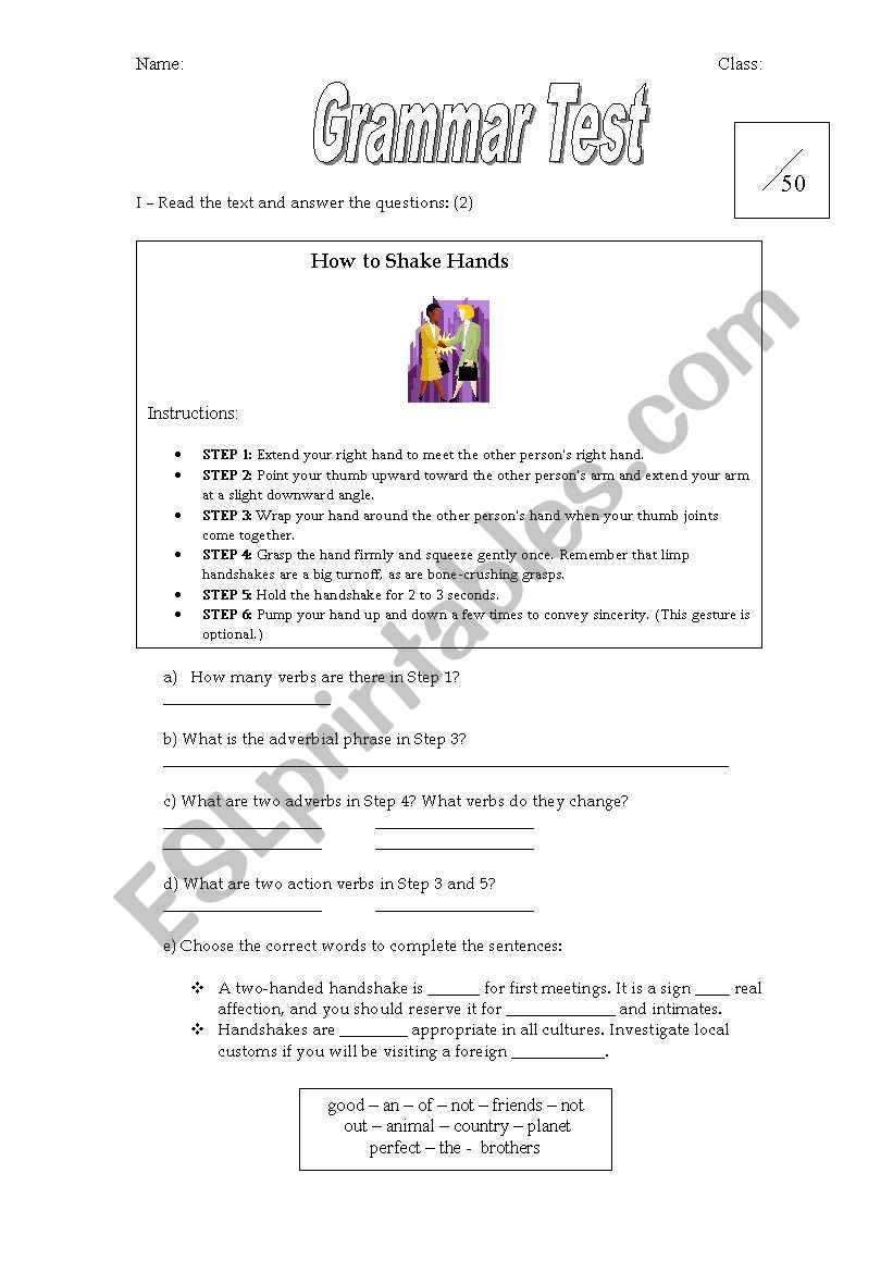 Grammar Test - Elementary worksheet