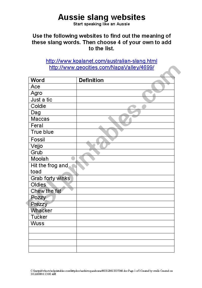 Aussie Slang worksheet