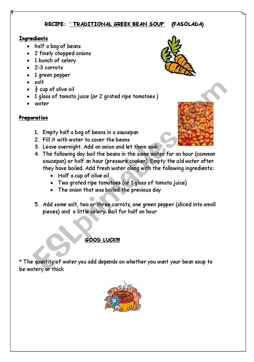 TRADITIONAL GREEK BEAN SOUP worksheet