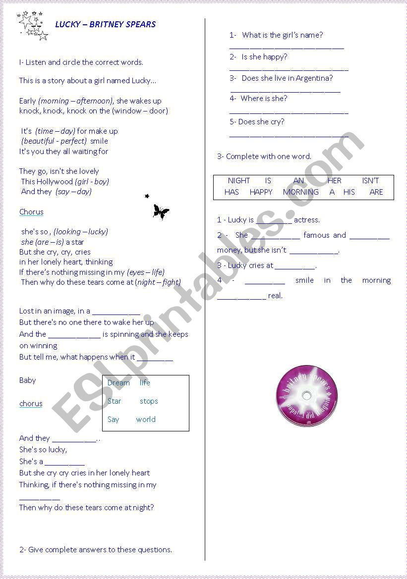 lucky by britney spear worksheet