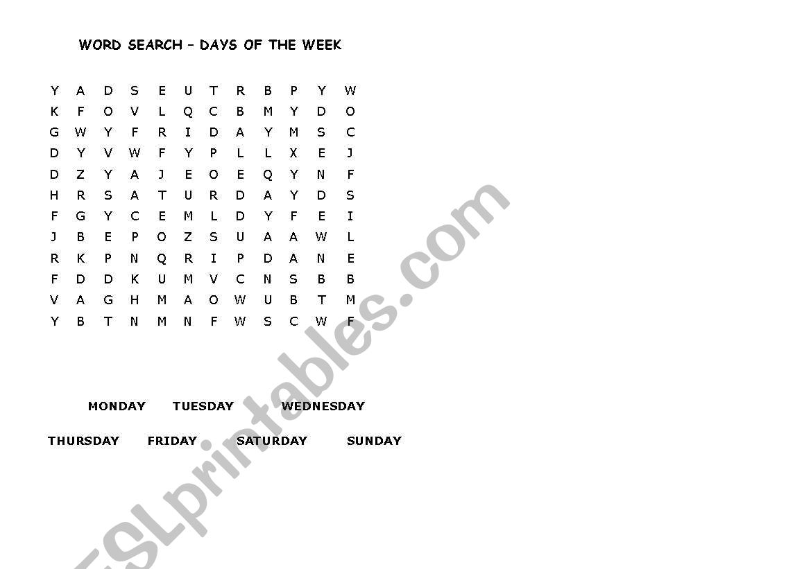 wordsearch-days of the week worksheet