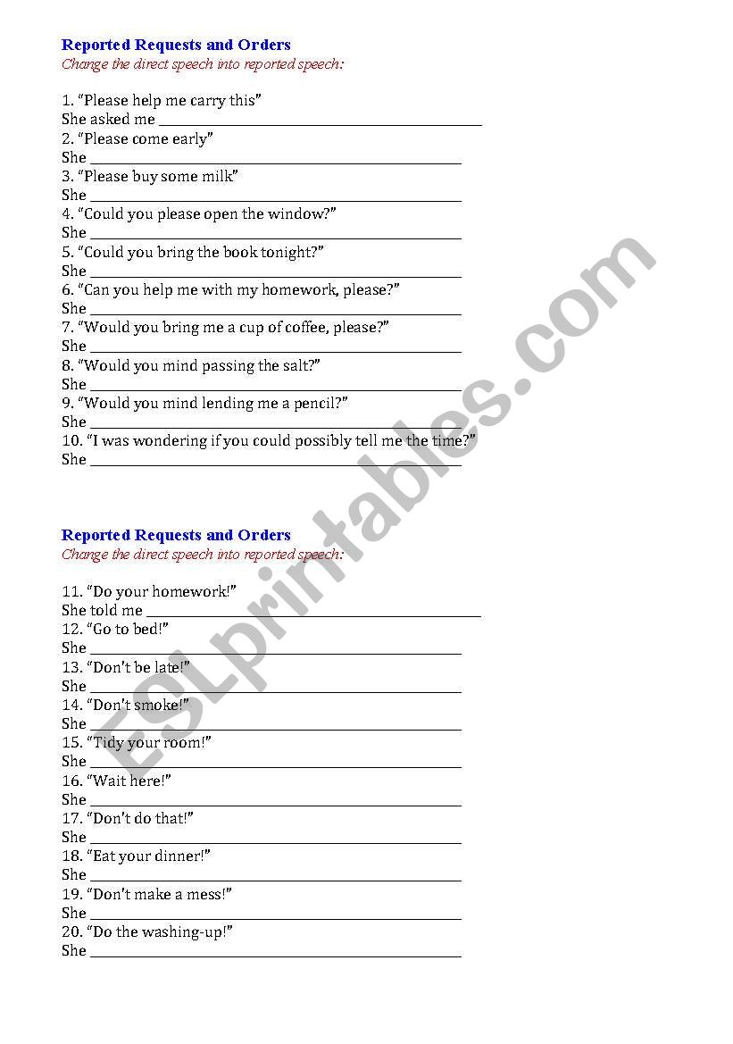 Reported Speech worksheet