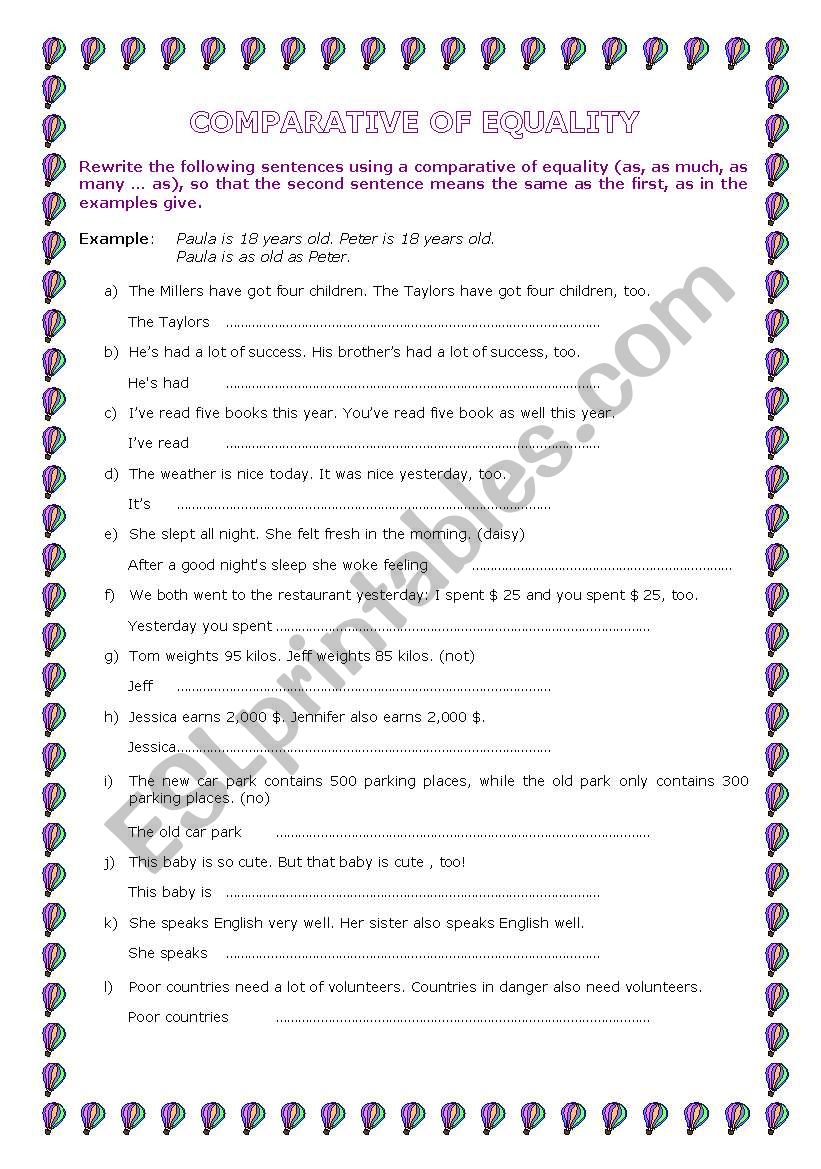 Comparative of equality worksheet