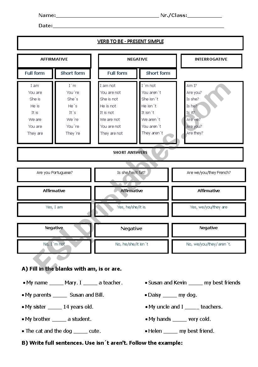 verb to be worksheet