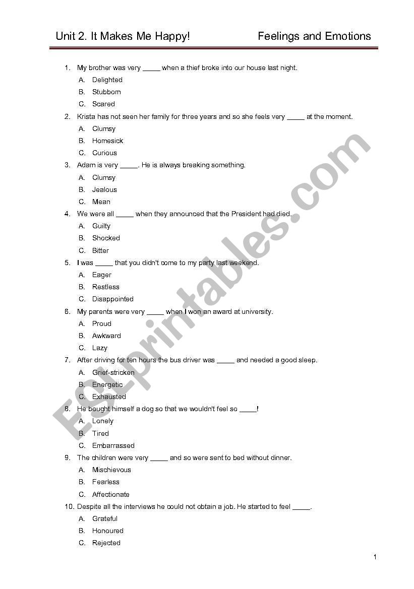 Feelings and Emotions Quiz worksheet