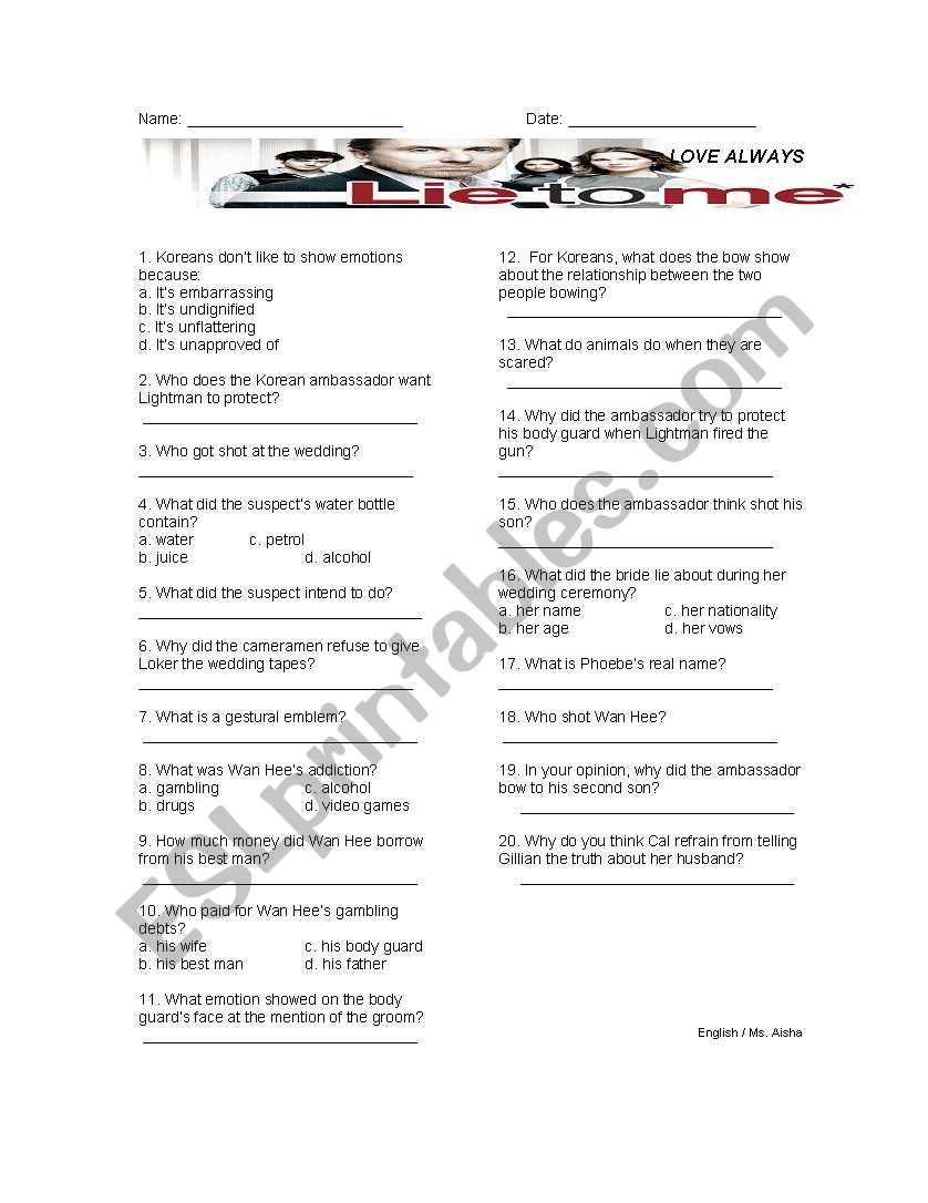 Lie to Me Season 1 Episode 4 worksheet