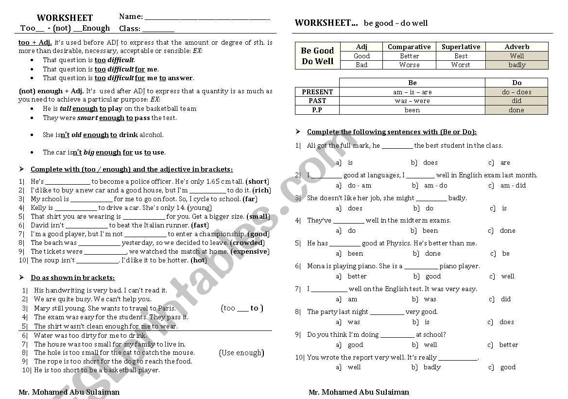 Too___  - (not) ___Enough  worksheet