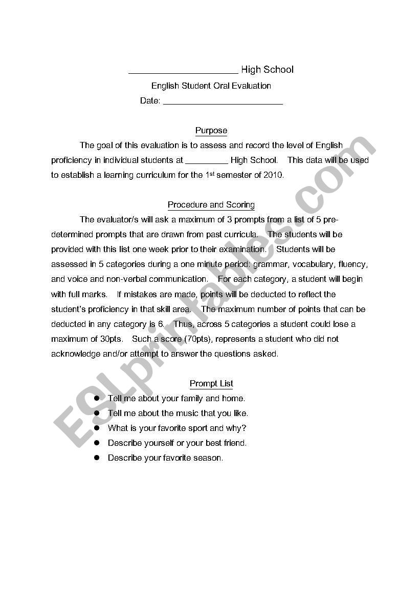 Speaking Test Evaluation worksheet